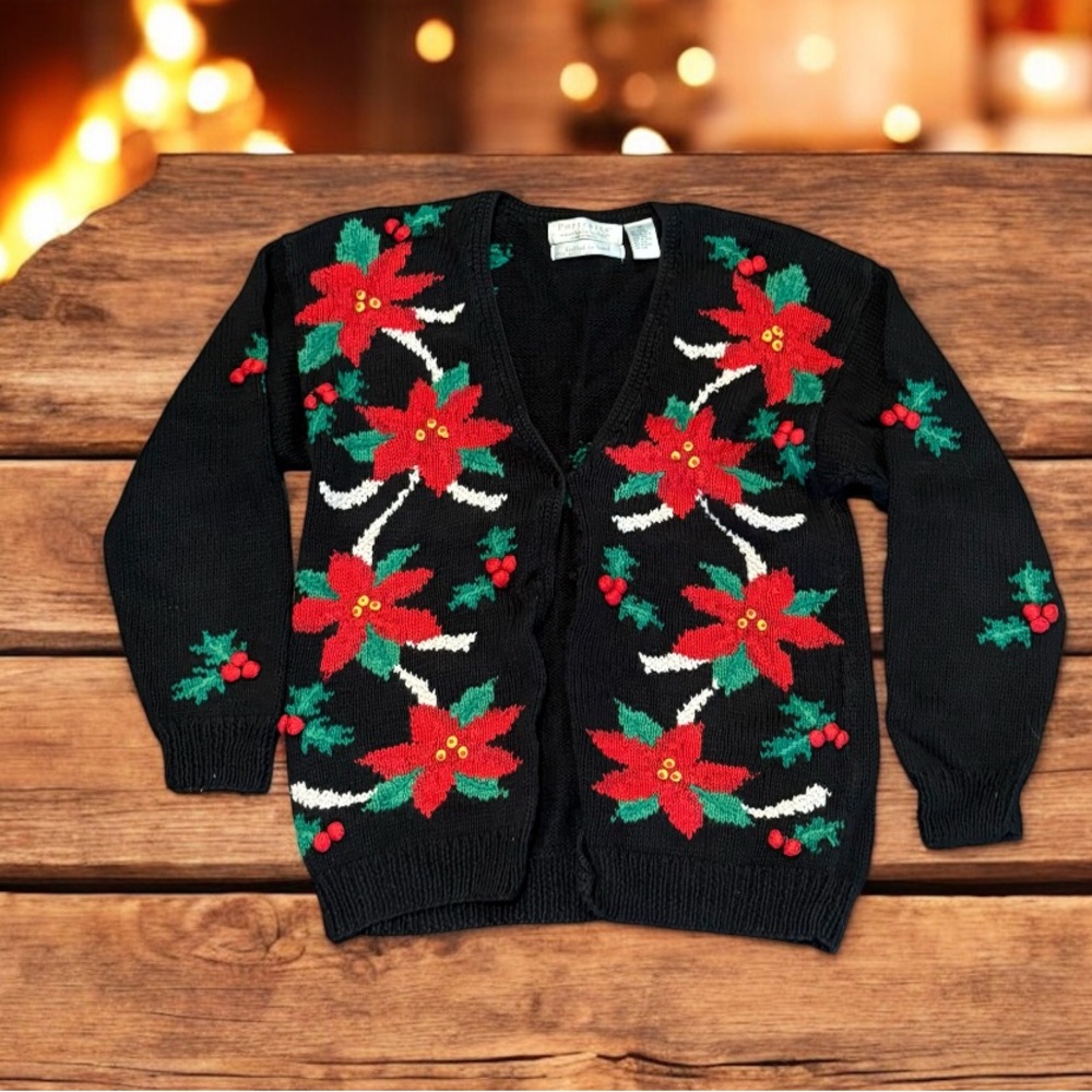 Northern Isles Hand Knitted Christmas Poinsettias Cardigan Sweater Ramie Cotton